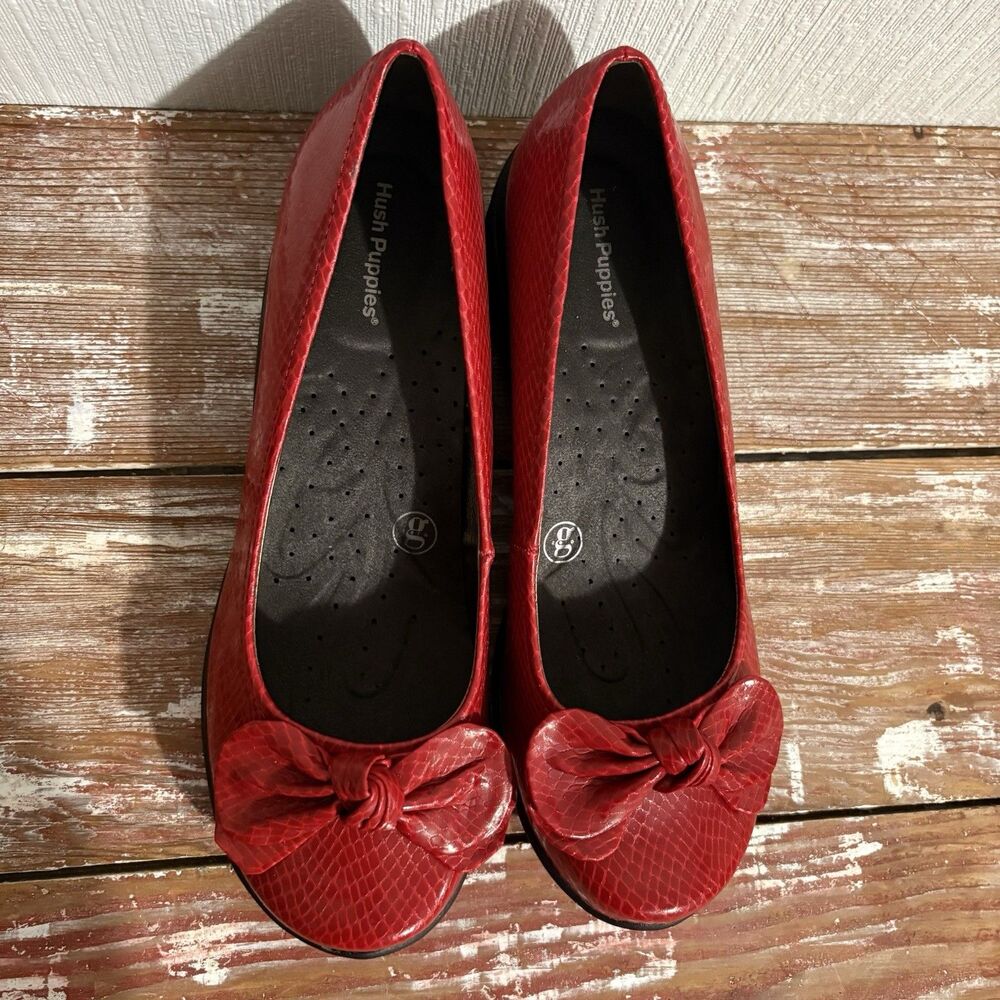 Red Bow Hush Puppies Snakeskin Flats Work Twee Retro Funky Classic Fun Women 8.5 - Picture 11 of 16